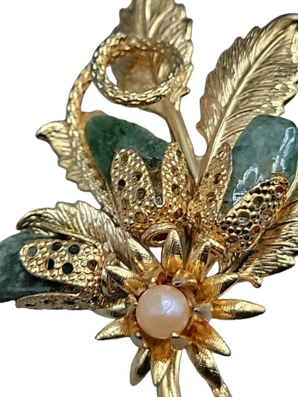 Gold Plated Jade Faux Pearl Flower Brooch Textured Leaves Detailed Design